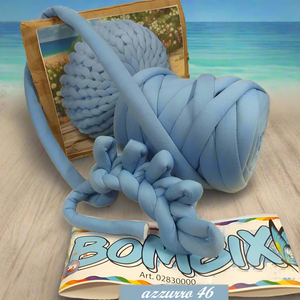 azzurro 46 Bombix Cucirini Tre Stelle fettuccia ripiena marshmallow filato borse gigante grosso spesso imbottito chunky bags tubolare intrecciare a mano senza uncinetto pochette shopper mare spiaggia