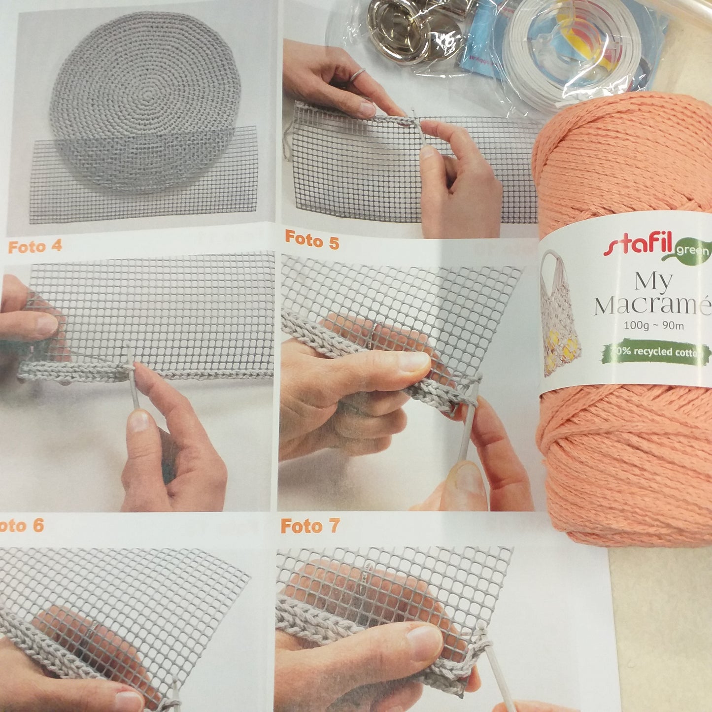 step by step foto tutorial kit giorgia bag stafil diy color set rosa pesca per creare fai da te borse uncinetto forma marsupio tracolla set cordino e accessori macramè cordoncino chiusura rettangolare anelloni di minuteria