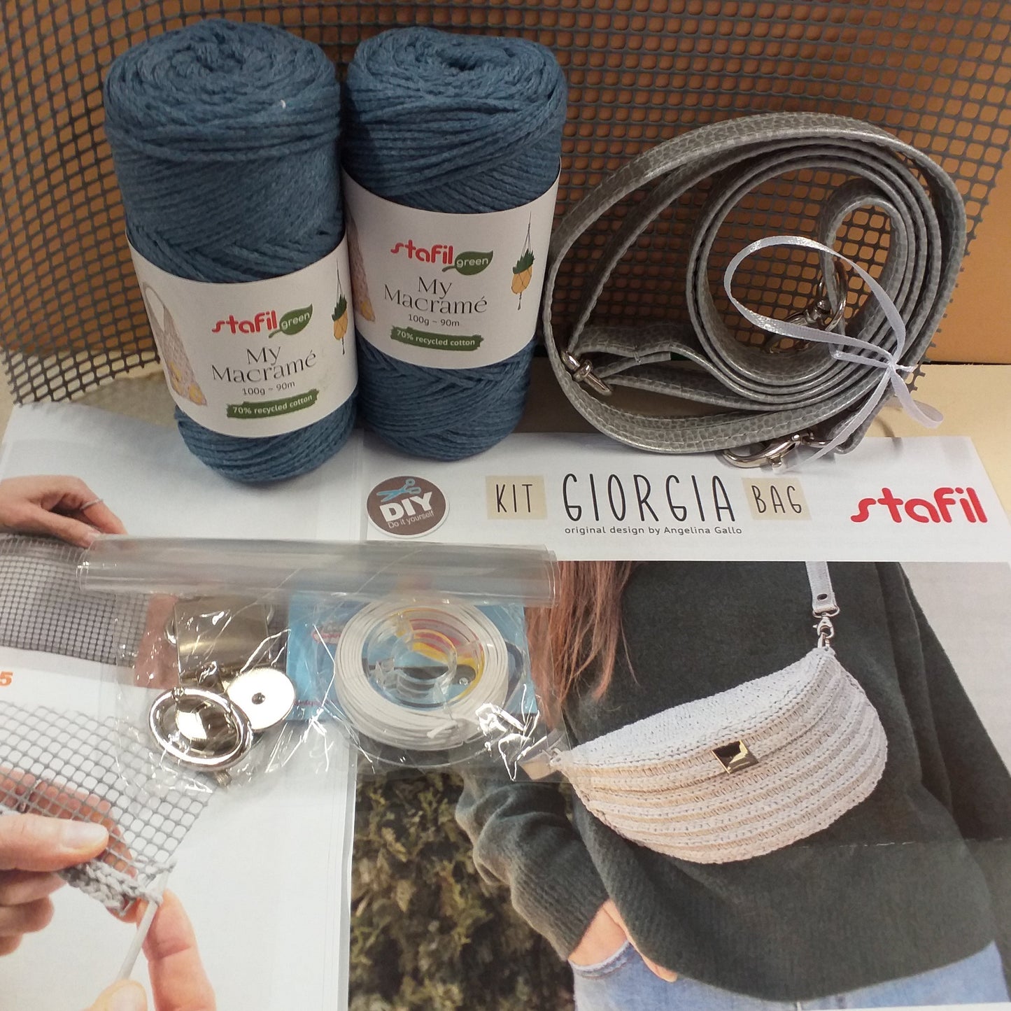 kit giorgia bag stafil diy color set blu indaco per creare fai da te borse uncinetto forma marsupio tracolla set cordino e accessori macramè cordoncino chiusura rettangolare anelloni di minuteria