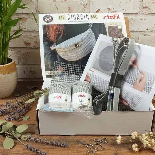kit giorgia bag stafil diy color set grigio pietra per creare fai da te borse uncinetto forma marsupio tracolla set cordino e accessori macramè cordoncino chiusura rettangolare anelloni di minuteria
