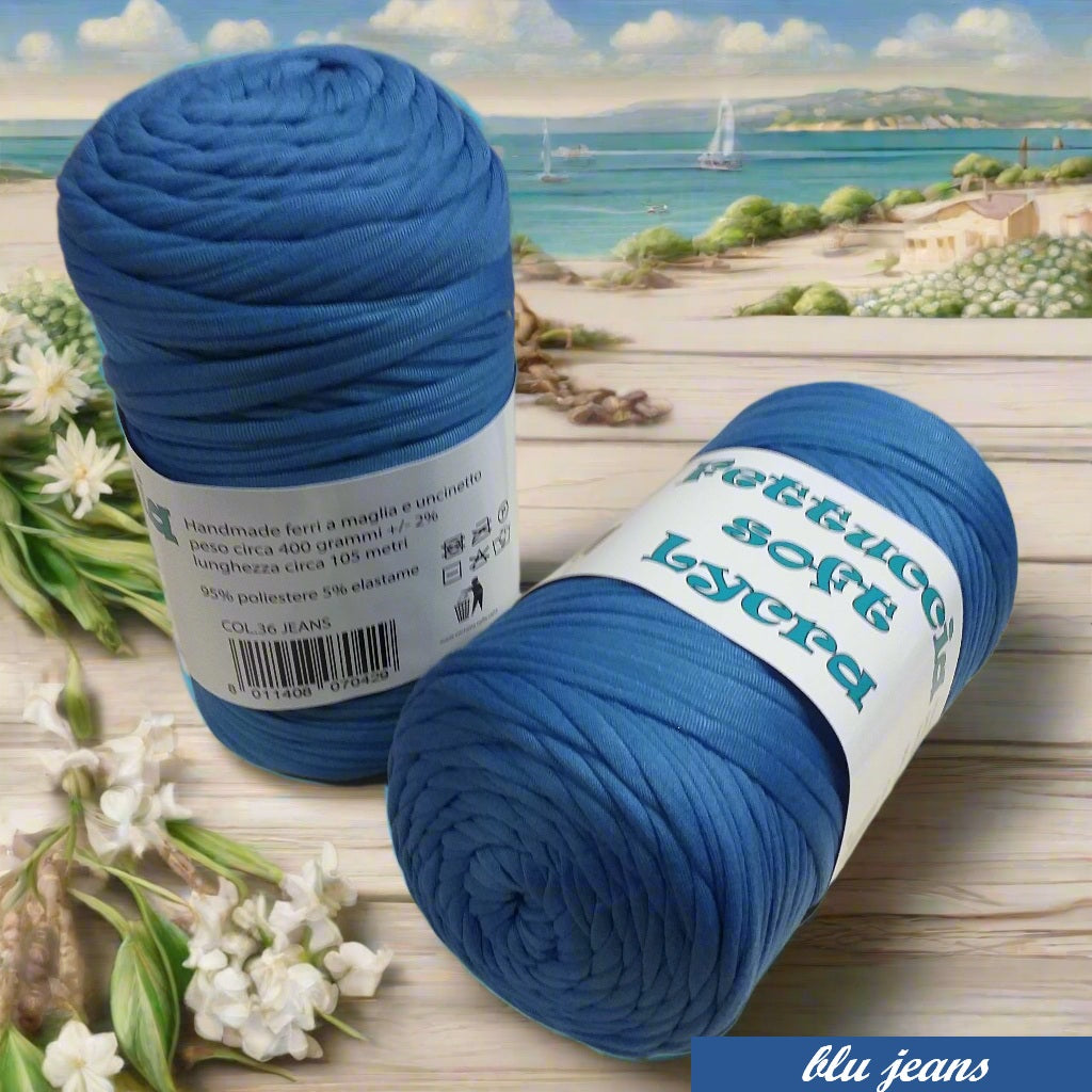 blu jeans lycra soft fettuccia borse uncinetto merceria mas PL4000 poliestere con elastane morbida uso crochet pochette clutch bags borse abbigliamento moda shopper cestini