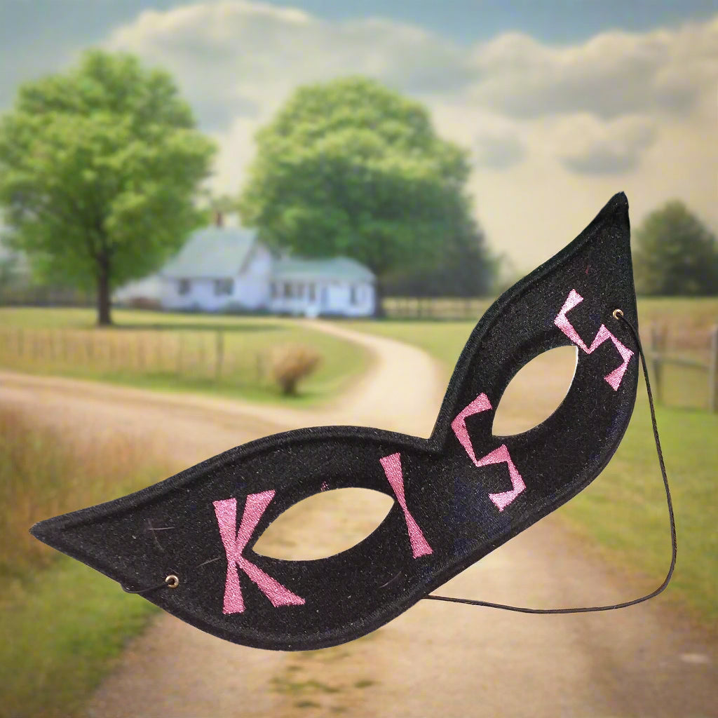 scritta kiss rosa maschere carnevale adulti per occhi nere colorate con elastico