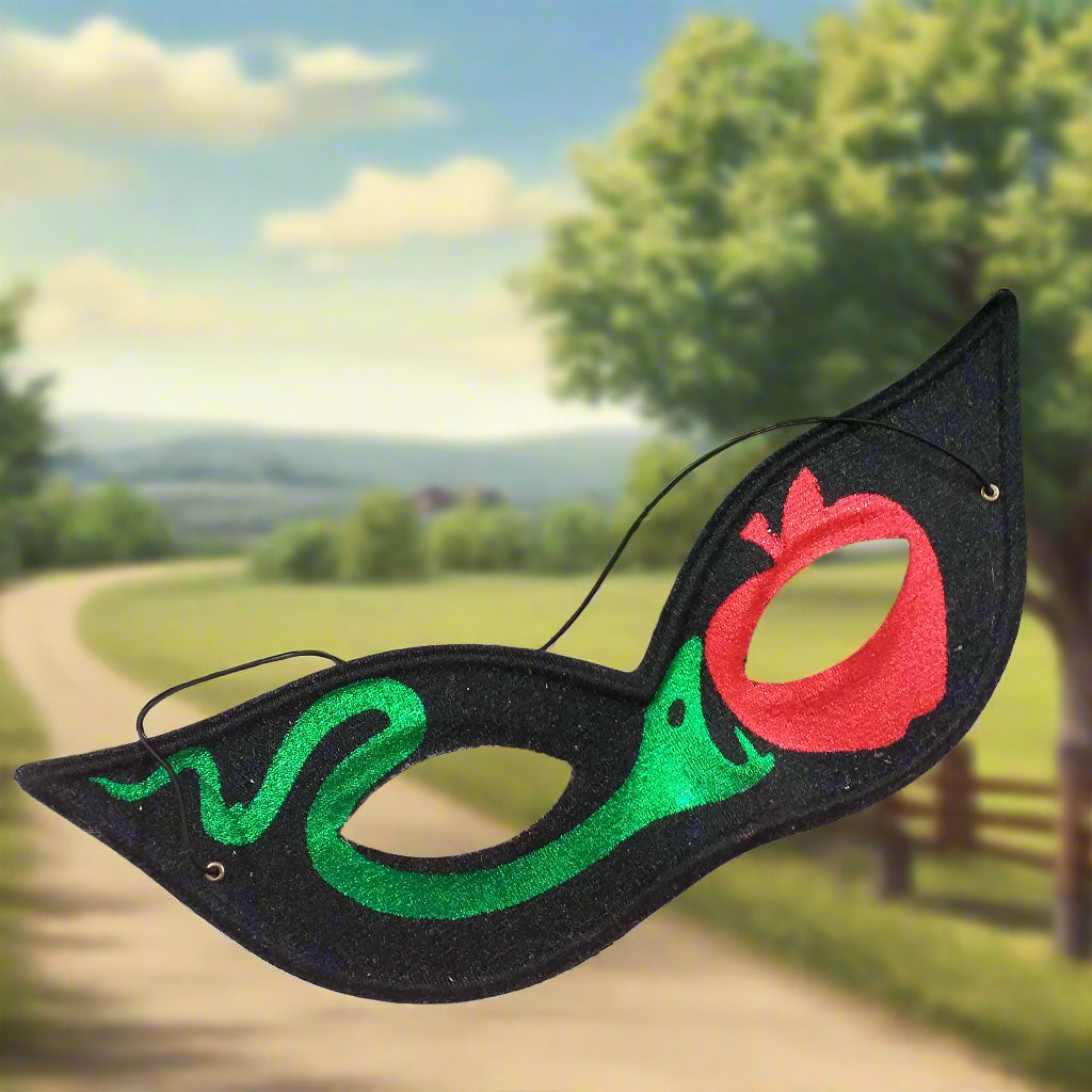 serpente verde mela rosso fondo nero maschera costume carnevale adulti per occhi nera con elastico modello farfalla