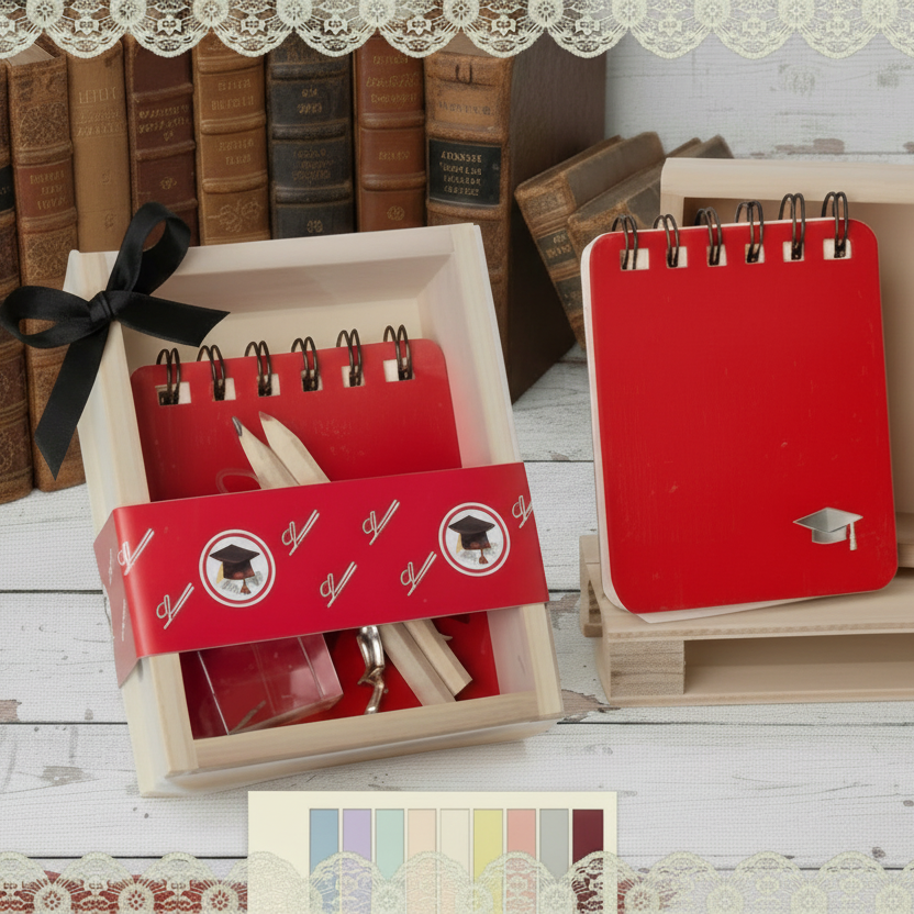set di scrittura astuccio legno e plastica scritta laurea matite mini block notes ciondolo cappello tocco scatolina trasparente portaconfetti confetti rossi coccarda nastro confezionata artigianale fiocchetto nero