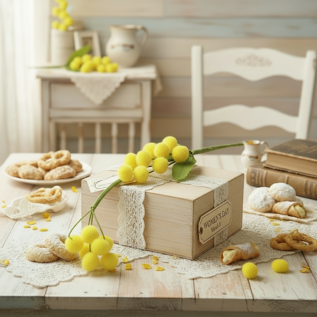 idea fai da te come confezionare scatola di dolci mazzolino con 3 mazzetti mimosa finta artificiale fiori gialli e 3 foglie palline ciniglia per fai da te confezionare regalini ricordini souvenir vetrinistica chiudipacco festa della donna 8 marzo 2026