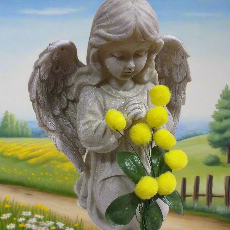 composizione angelo con pick mazzolino bouquet piccolo miniatura fiori mimosa finta artificiale di ciniglia gialla pistilli foglie idea regalo decorazioni fioristi festa della donna 8 marzo