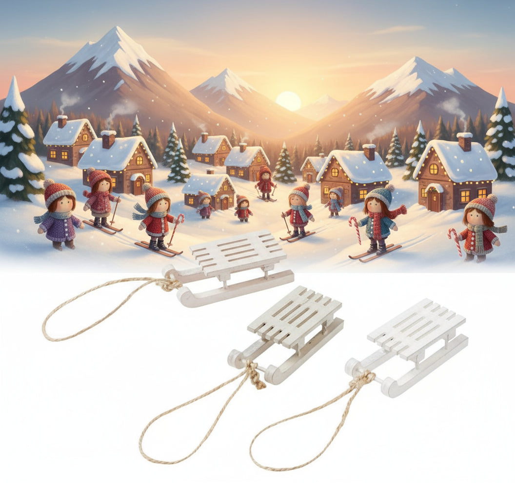 idea fai da te vetrina ambiente natale villaggio casette montagna neve bambola di pezza e maglia con slitte legno shabby chic bianco grigio, slitta piccola 6 cm