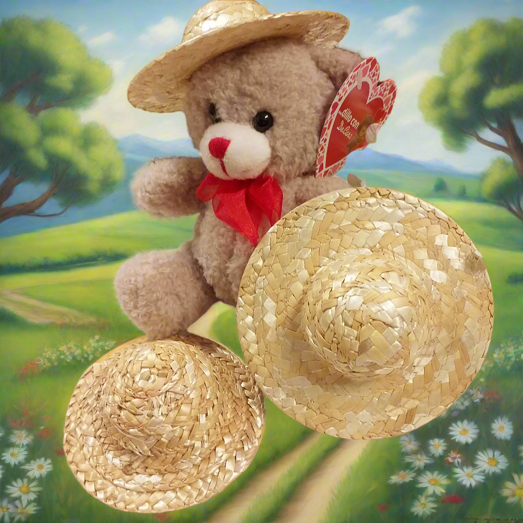 vetrina estiva bambola di pezza orso peluche da creare con cappello rafia paglia modello firenze miniatura per decorazioni bomboniere fai da te rustiche grezze di iuta