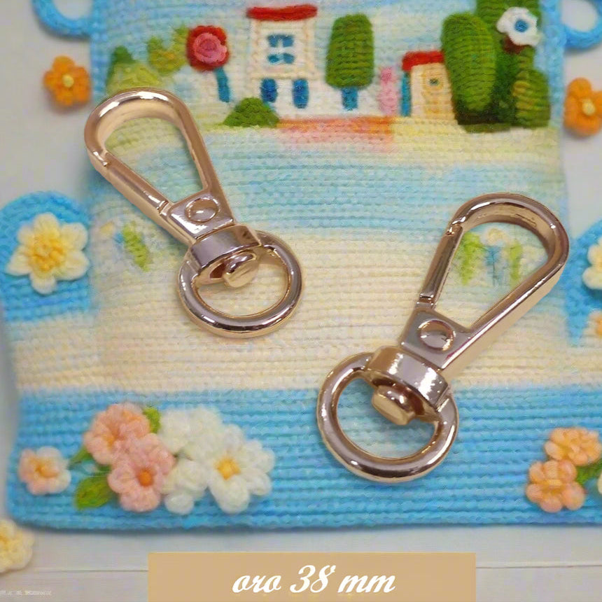 ganci girevoli 38 mm metallo colore oro dorati, chiusure minuterie accessori fai da te borse artigianali e uncinetto moschettoni per manici borsette e tracolle pochette clutch bags