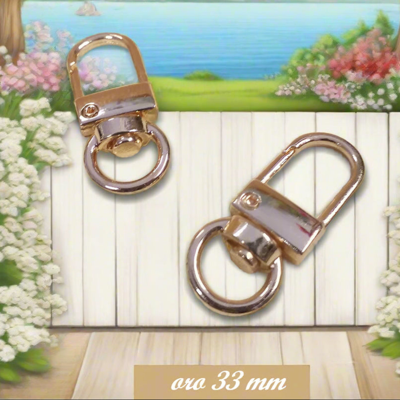 ganci girevoli 33 mm metallo colore oro dorati, chiusure minuterie accessori fai da te borse artigianali e uncinetto moschettoni per manici borsette e tracolle pochette clutch bags