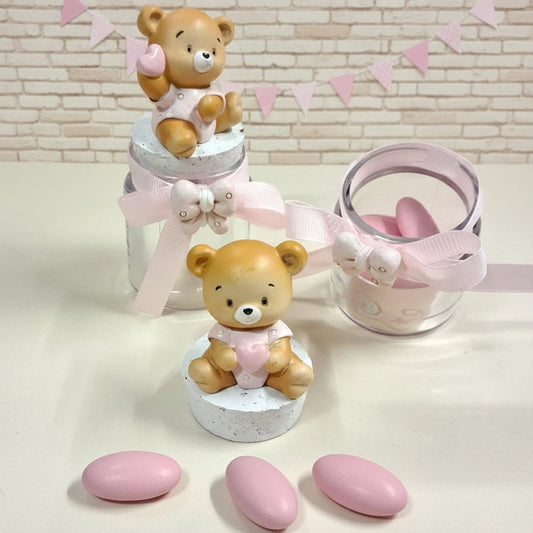 rosa bimba orsetto applicazione barattolo vasetto vetro tappo sughero fiocco cuoricino gesso idea fai da te bomboniere nascita Battesimo primo compleanno babyshower