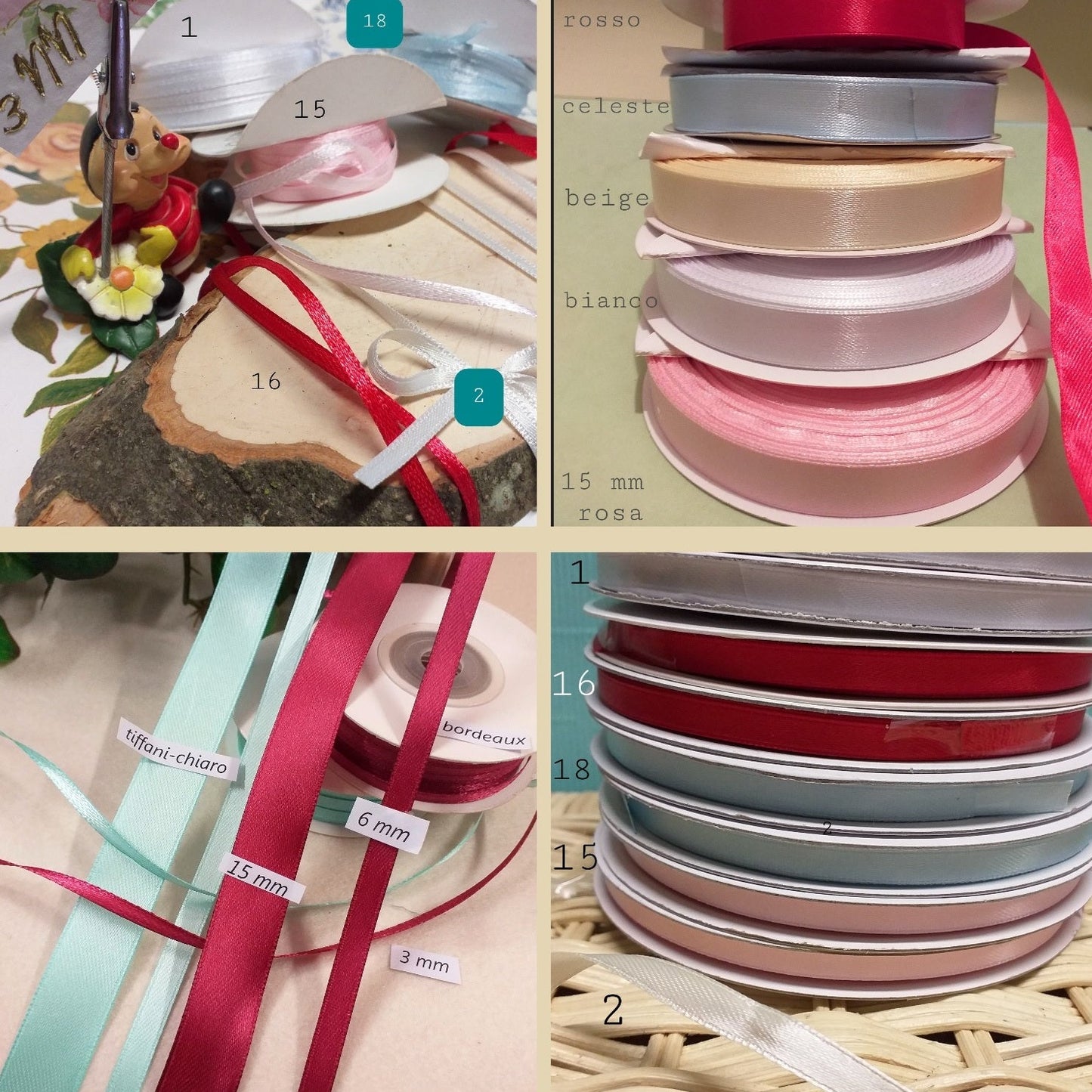 scelta tinte vetrina negozio online nastro raso bomboniere fai da te hobby creativi nastrini decorazioni matrimonio colori assortiti uso confezionare regali Natale uova Pasquali packaging confezionamento