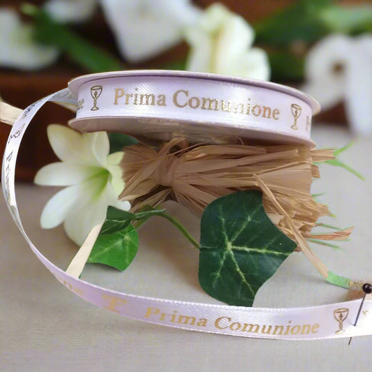 nastro raso bianco stampato Prima Comunione scritta e simboli dorati Calice Croce uso decorazioni bomboniere fai da te addobbi confettata confezioni regalo gioielleria packaging segnaposto