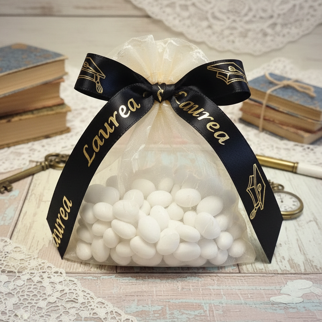 come confezionare sacchetto di confetti bomboniera con nastro stampato nero laurea