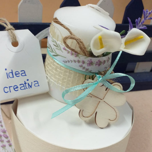 idea creativa calle lavanda candela quadrifoglio legno packaging scatolina nastro stampato tela canvas tessuto rami fiori fai da te bomboniere confezioni regalo