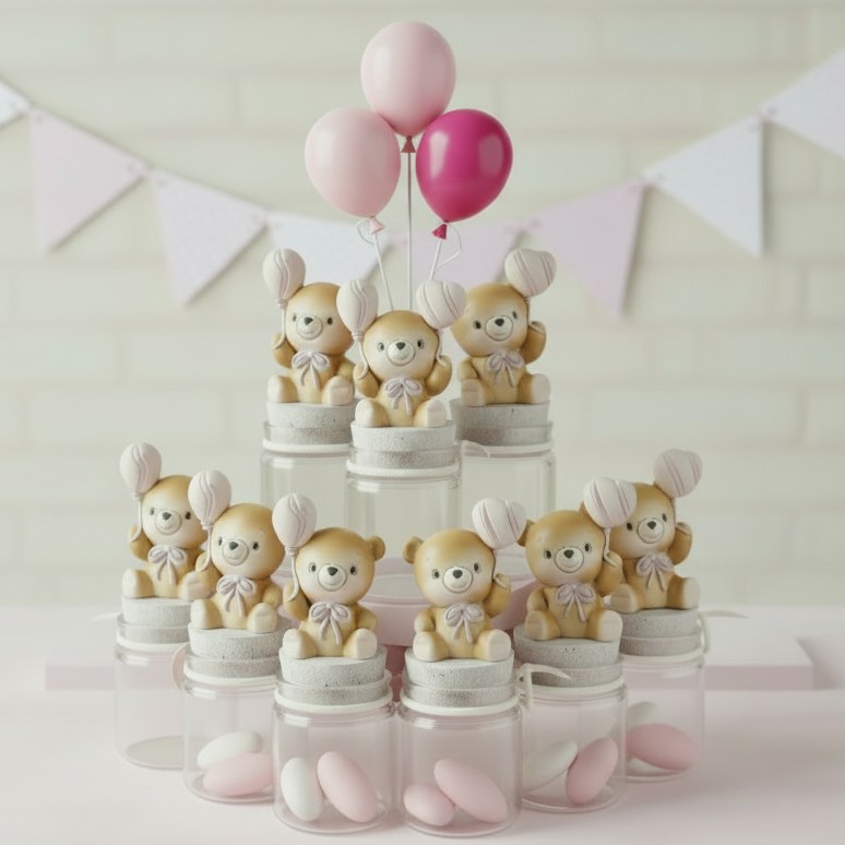 aprifesta confettata di bebè rosa femminuccia bimba orsetto applicazione barattolo vasetto vetro tappo sughero cuoricino gesso idea fai da te bomboniere nascita Battesimo primo compleanno babyshower