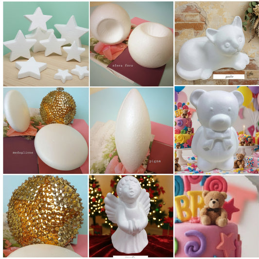 styrofoam da hobbistica sagoma orso gatto angelo pigna medaglioni pallina portacandela oggetti polistirolo da decorare fai da te per decorazioni festa di compleanno cake topper torta di fommy gomma crepla o rivestire e fare applicazioni roselline natale