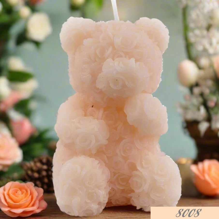 originale candela forma orsetto rose pesca crema per centrotavola idea regalo vetrinistica packaging pasquale festa della mamma bomboniera