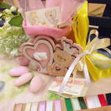 sacchetto juta e portaconfetti casetta cuore orso legno naturale rosa bimba femminuccia bomboniera confezionata confetti bigliettino Battesimo Baby girl per nascita primo compleanno