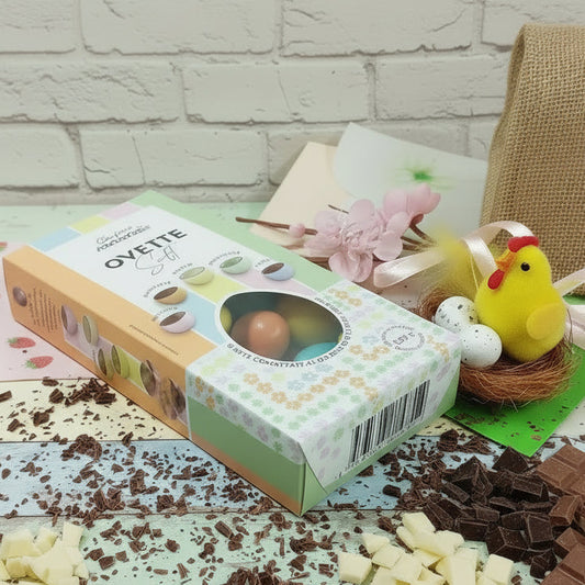 fiore di pesco finto decorazioni addobbi pasquali confezione regalo chioccia nido uova confetti maxtris ovette soft confettate gianduia fondente bianco pistacchio latte cioccolato gusti assortiti 150 grammi