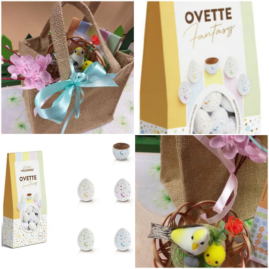 coccarda fiocco fiore di pesco finto decorazioni addobbi pasquali sportina shopper borsina juta confezione regalo uccellini nido uova confetti maxtris ovette soft confettate cioccolato gusti assortiti 150 grammi fantasy