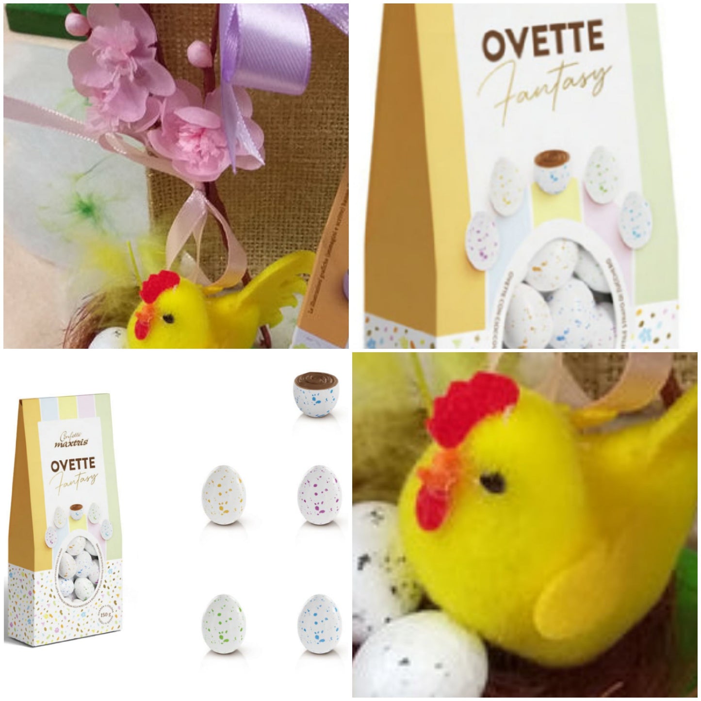 coccarda fiocco lilla fiore di pesco finto decorazioni addobbi pasquali sportina shopper borsina juta confezione regalo chioccia nido uova confetti maxtris ovette soft confettate gusti assortiti 150 grammi fantasy