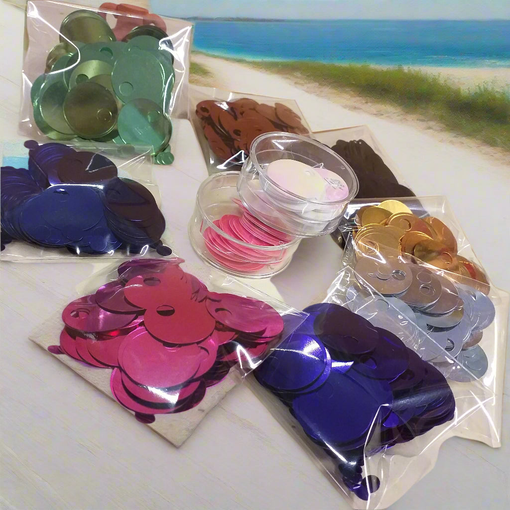 fucsia rosa bianco perlato oro argento rame nero verde chiaro blu viola grandi giganti paillettes da 20 mm foro 5 mm per borse uncinetto pochette di fettuccia cotone thai lycra lurex clutch bags crochet knitting
