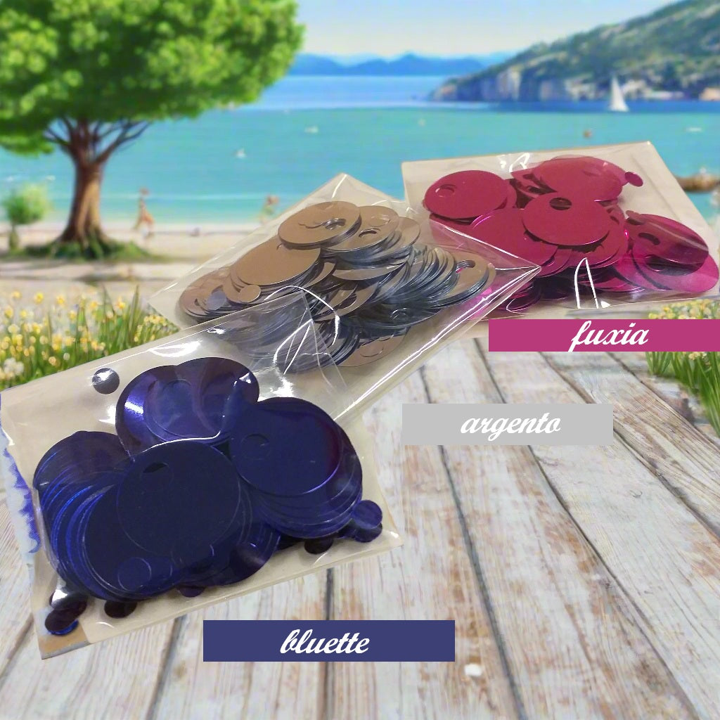 bluette argento fuxia grandi giganti paillettes da 20 mm foro 5 mm per borse uncinetto pochette di fettuccia cotone thai lycra lurex clutch bags crochet knitting