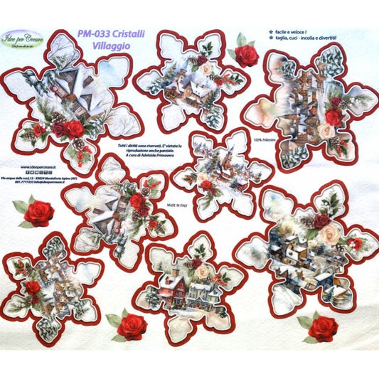 PM-033 cristalli di ghiaccio motivi casette villaggio neve Natale pannello pannolenci stampato motivi da ritaglio cucito creativo idee per creare addobbi decorazioni di pezza stoffa tessuto per albero natalizio