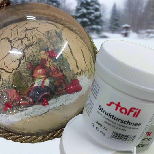 articolo 800-12 85 g strukturschnee come decorare con pasta neve strutturata decoupage hobby creativi Natale sfera pallina albero pino abete fondale