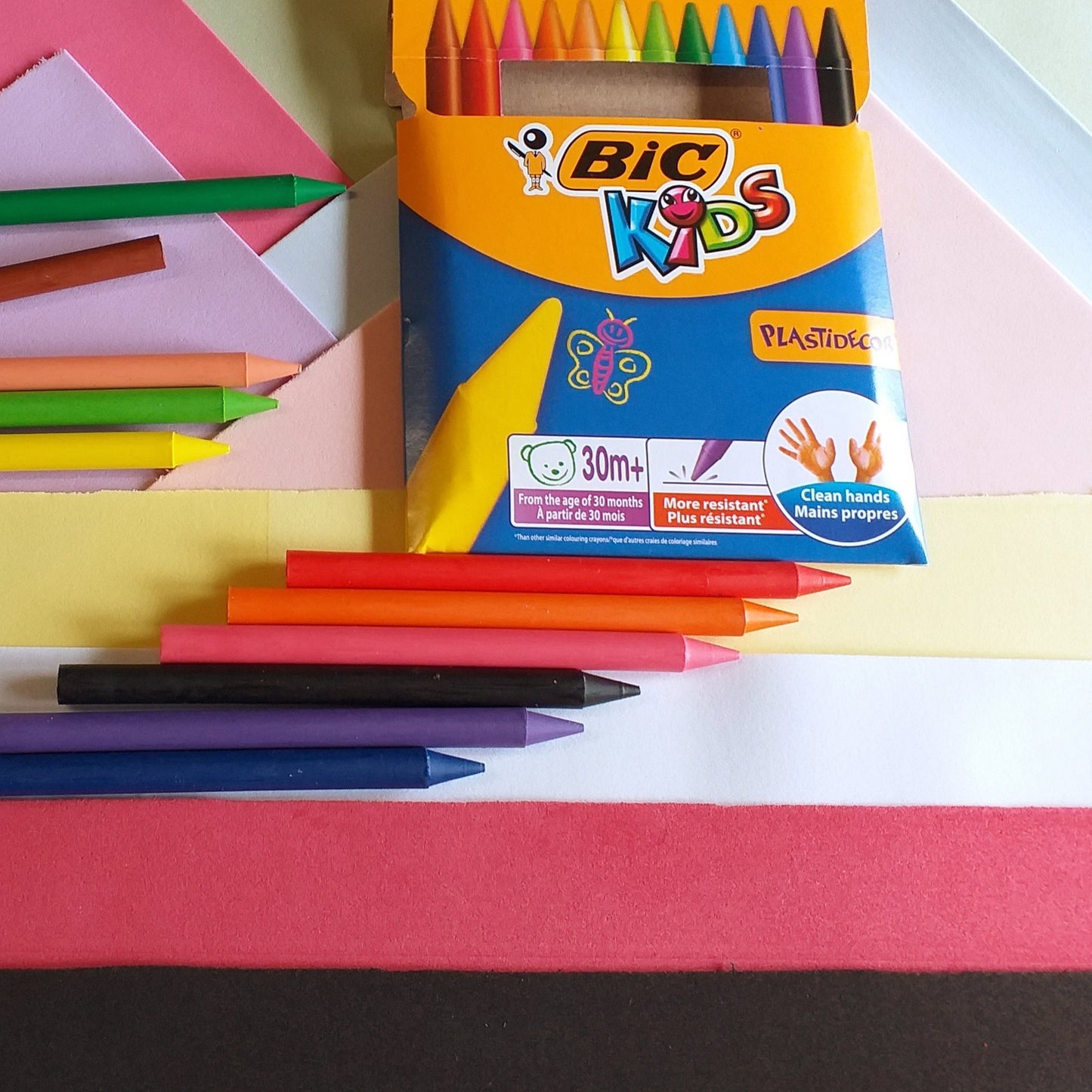 a partire da 30 mesi di età, resistente kit gomma crepla verde rosa lilla tinta carne giallino bianco bordeaux nero panna crema colorare fommy con 12 bic kids pastelli a cera colorati plastidecor