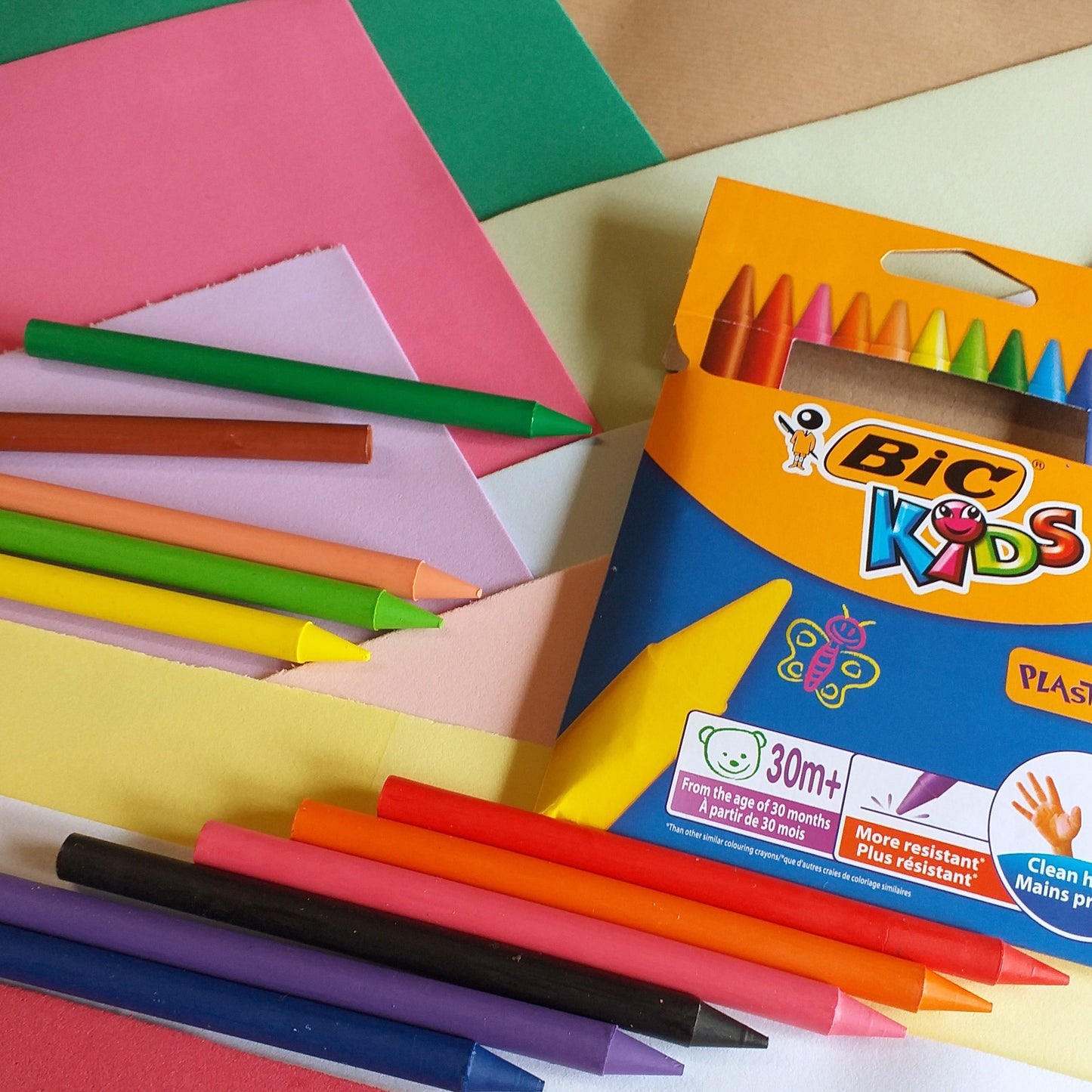 gomma crepla assortita e pastelli a cera per colorare fommy scatola da 12 bic kids plastidecor