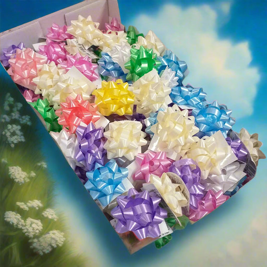 assortimento forma stella carta tinte tenui pastello coccardine fiocco chiudipacco per confezione regalo Natale Pasqua segnaposto bomboniere fai da te packaging San Valentino vetrinistica festa della mamma