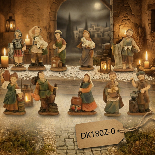 pastore pastorella con pecore vasaio mercante zampognaro fabbro contadino statuine 3-4 cm presepe natale plastica simil-legno miniature piccole figuranti statuette artigiani popolani uso allestimento vetrinistica