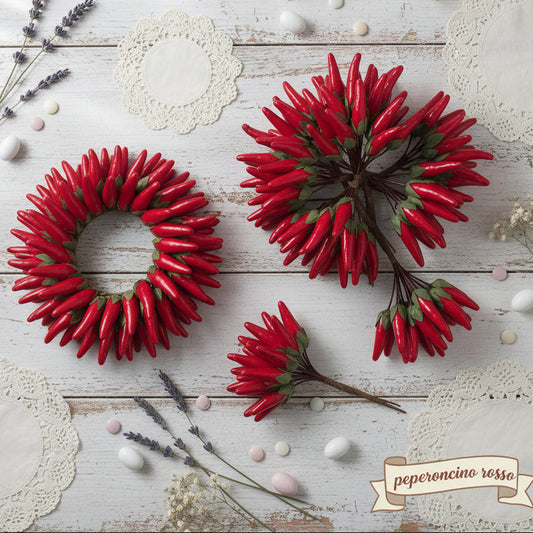 decorazioni fiori fai da te centrotavola natalizio segnaposto pick bomboniere peperoncini rossi finti artificiali uso per composizioni floreali confezionamento packaging regali chiudipacco enogastronomia corona d'alloro laurea