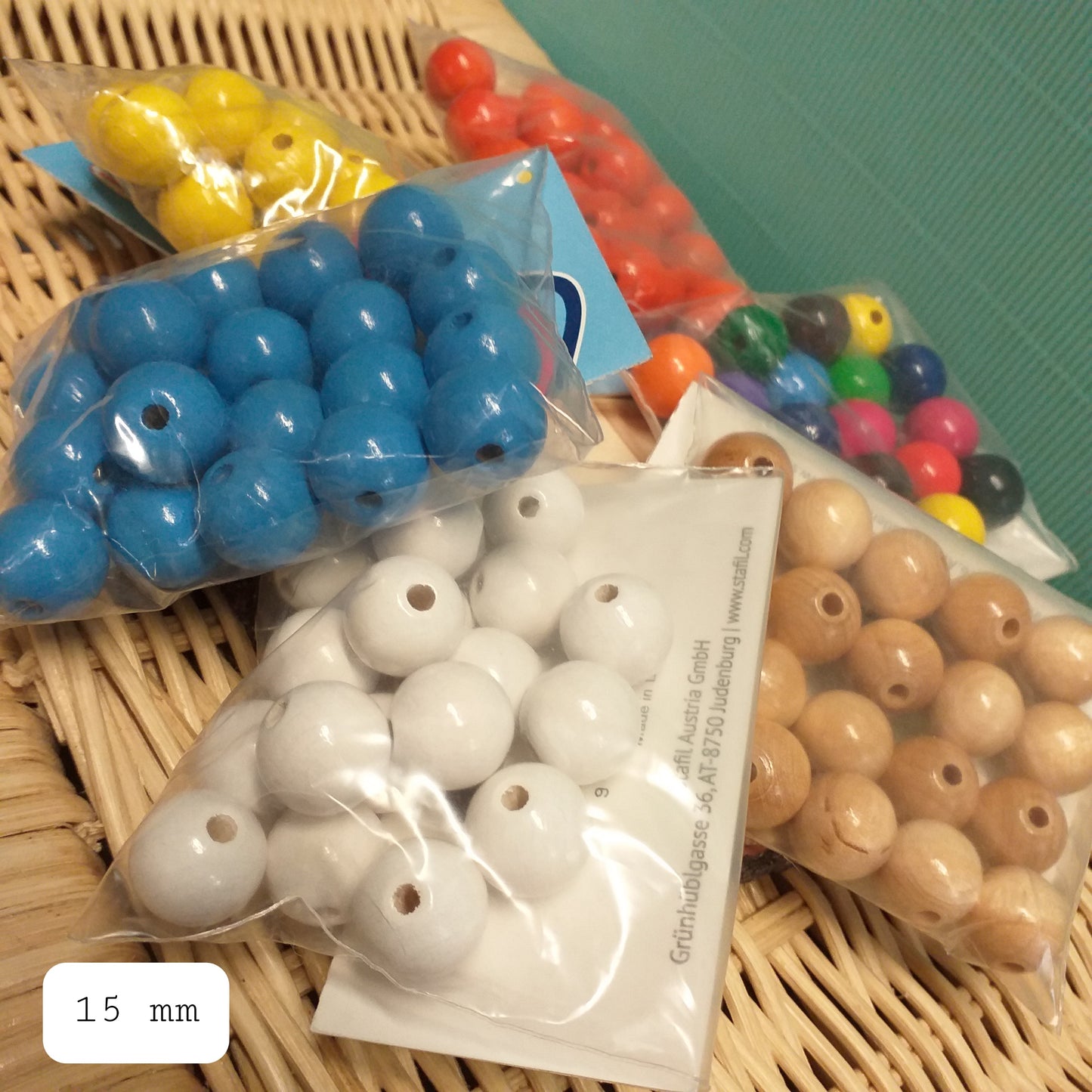 15 mm perle legno grandi forate perline hobbistica fai da te borse ricamo bigiotteria collane bracciali amicizia angeli angioletti bambole colorate bianche azzurre gialle arancioni miste naturali