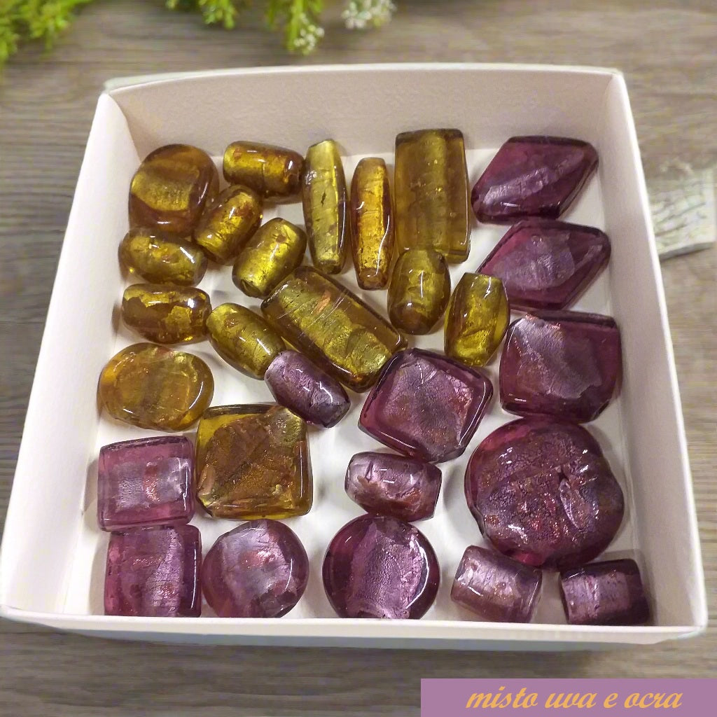 misto viola uva giallo ocra perle vetro bracciale collana vendita sfuse a peso 1/4 chilo trasparenti forme tubetto medaglia ovale pastiglia fai da te gioielli bijoux di bigiotteria veneziana