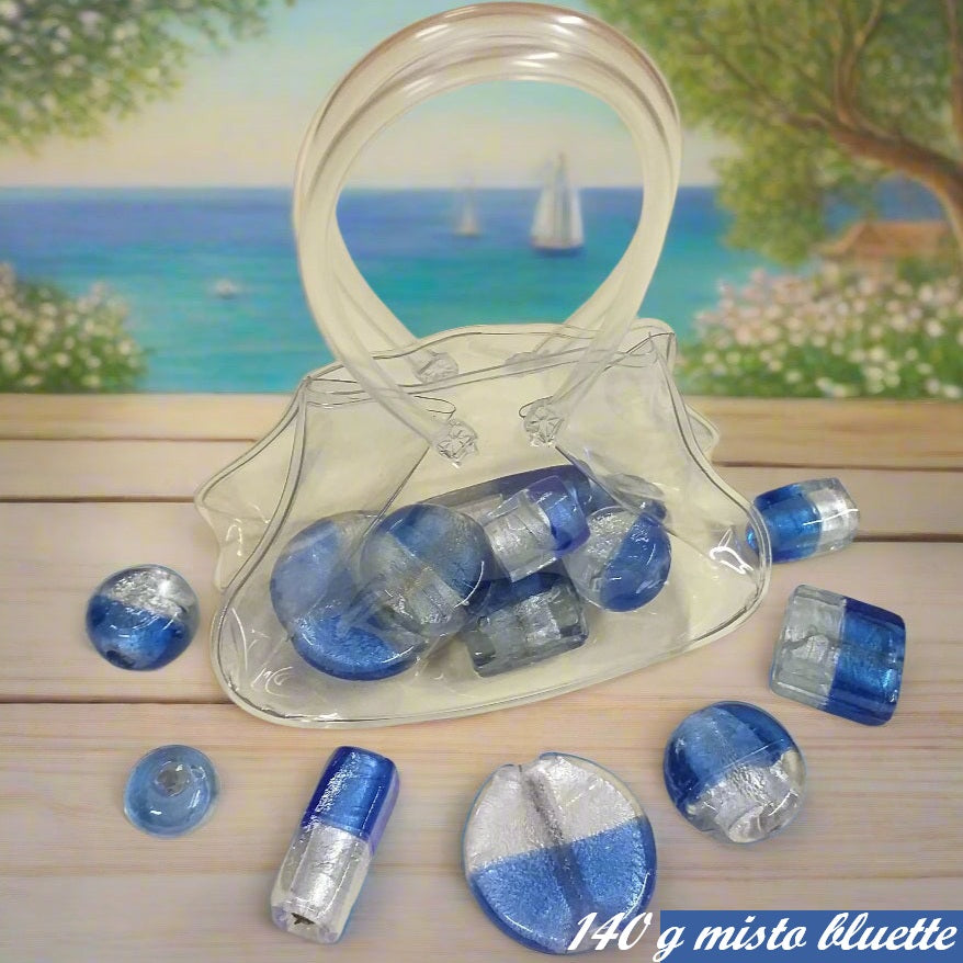 rettangolari piastre medaglie intercalari misto bluette e cristallo perle palline sferette vetro bracciale collana sfuse a peso 140 g stile murano veneziano fai da te bigiotteria gioielli perline manici borse