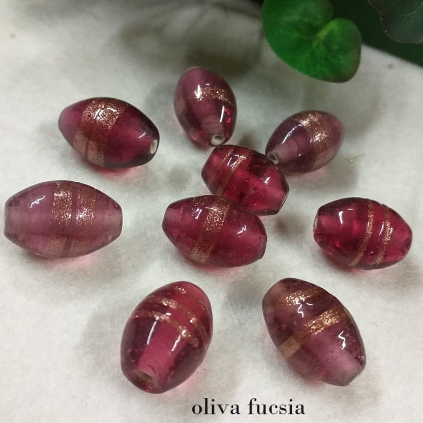perline forma oliva fucsia grandi con brillantini di avventurina perle vetro bigiotteria stile veneziano murano a lume