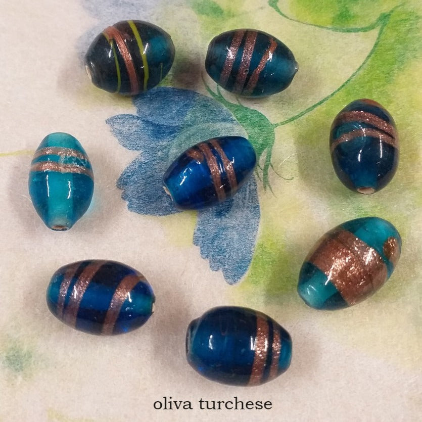 oliva turchese perline grandi con brillantini di avventurina perle vetro bigiotteria stile veneziano murano a lume uso fai da te gioielli bijoux ciondolo collana