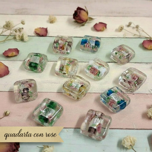 cristallo verde rosso blu turchese colori perle di vetro stile murano pietre quadrate dado piatto con rose e fiori
