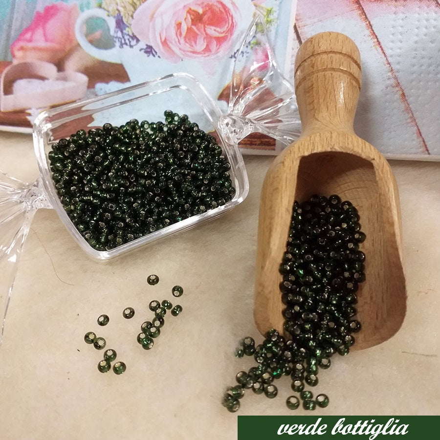verde bottiglia perline argentate di conteria rocailles beads boemia uso creazione foglie di fiori veneziani bonsai alberelli piantine primavera pasqua autunno natale pini