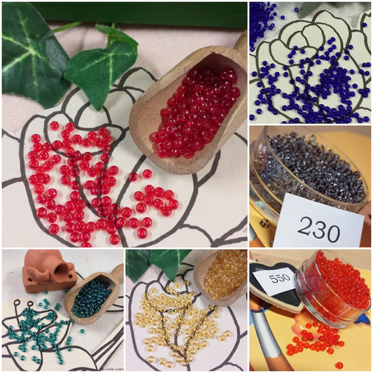 rosso blu cristallo-nero verde scuro ambra chiaro arancione negozio rocailles colori per creare con perline vetro conteria tosca veneziana trasparenti ad uso hobby creativi bijoux ricamo tissage danese centrini pasquali