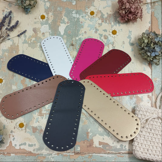 colore bianco fucsia bordeaux rosso oro blu nero cuoio fondo base fond de poche ecopelle similpelle cuoio rigenerato stafil Austria made in italy 8 x 21 cm ovale forato tecnica granny mattonelle crochet per borsa pochette uncinetto lycra pizza clutch bag a rete