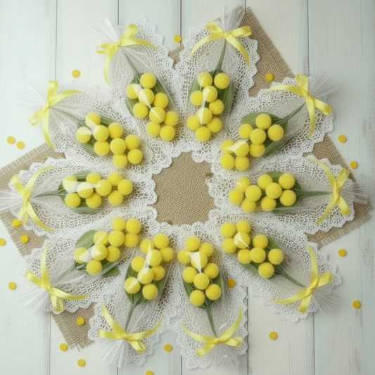 kit da 10 mazzolini mazzetti pick bouquet piccoli miniatura fiori mimosa finta artificiale di ciniglia gialla pistilli foglie uso segnaposto chiudipacco regalo decorazioni fioristi festa della donna 8 marzo