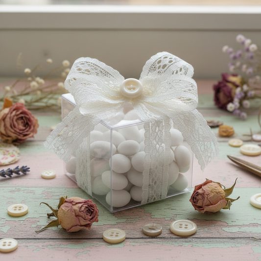 nastro avorio pizzo sintetico tessuto fiori uso fai da te bomboniere confezionare pacchi regalo cucito creativo abbigliamento, idea packaging confettata scatolina trasparente bottoncino