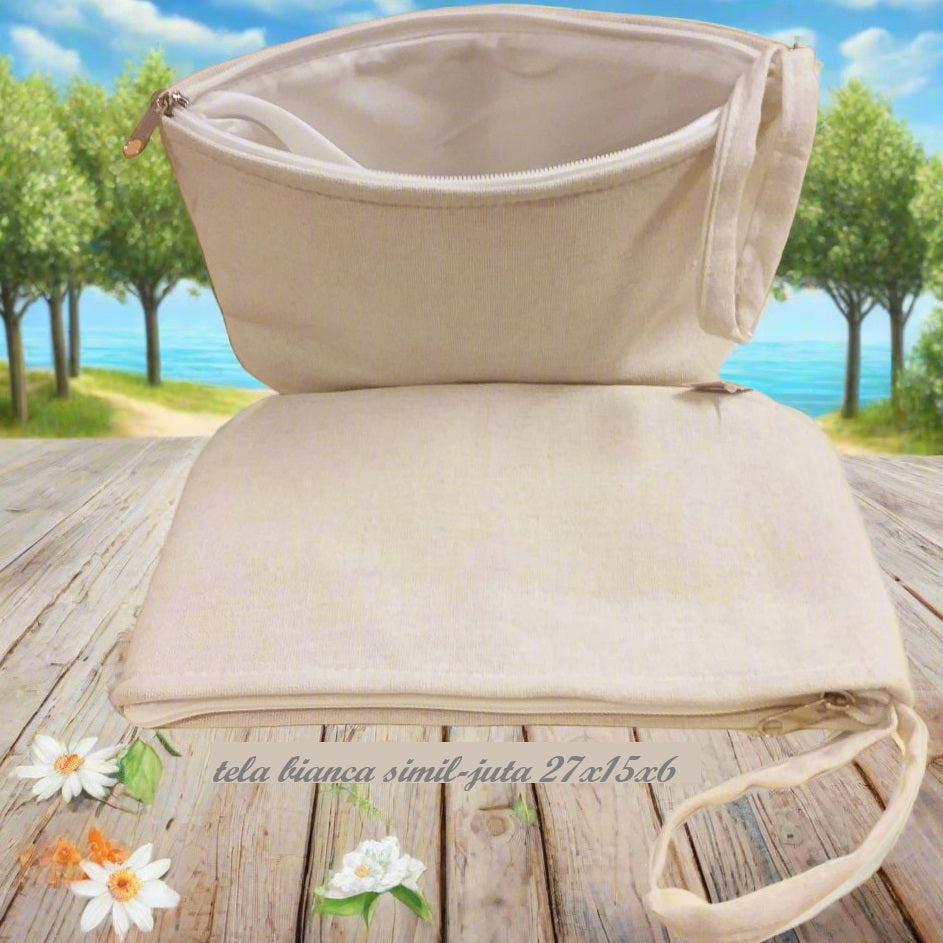 interno sacchetto con cerniera bustina pochette tela bianca simil-juta 27 x 15 x 6 cm stafil per borsa uncinetto da rivestire con filato cotone granny mattonelle o personalizzare scritte ricamo stampato applicazioni tessuto stoffa termoadesive strass