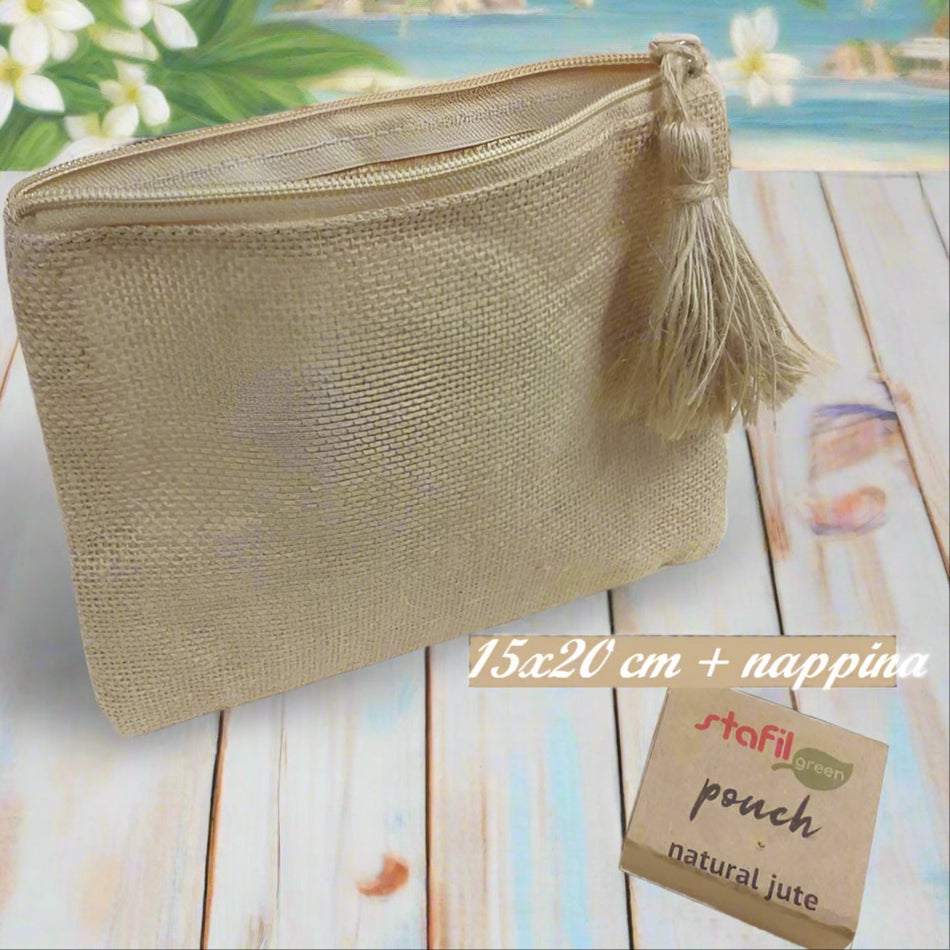 Stafil 15 x 20 cm bustina sacchetto con cerniera e nappina, jute pouch pochette juta per borsa uncinetto da rivestire con filato cotone granny mattonelle o personalizzare scritte ricamo stampato applicazioni tessuto stoffa termoadesive strass paillettes lustrini passamaneria