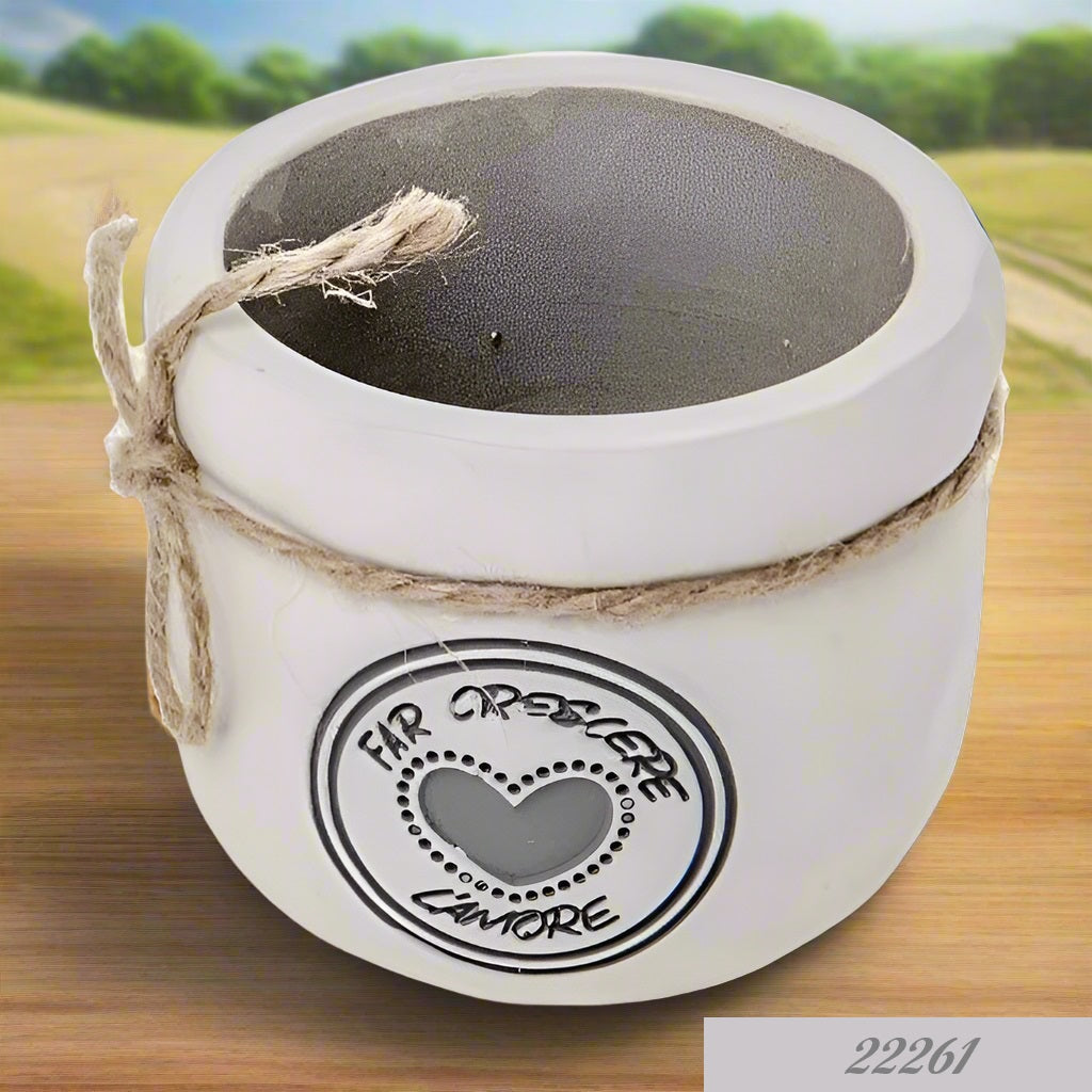 colore bianco grigio scritta far crescere l'amore corda vasetto porta piantina fiori bomboniera utile composizioni fioristi da confezionare fai da te festa della mamma o san valentino