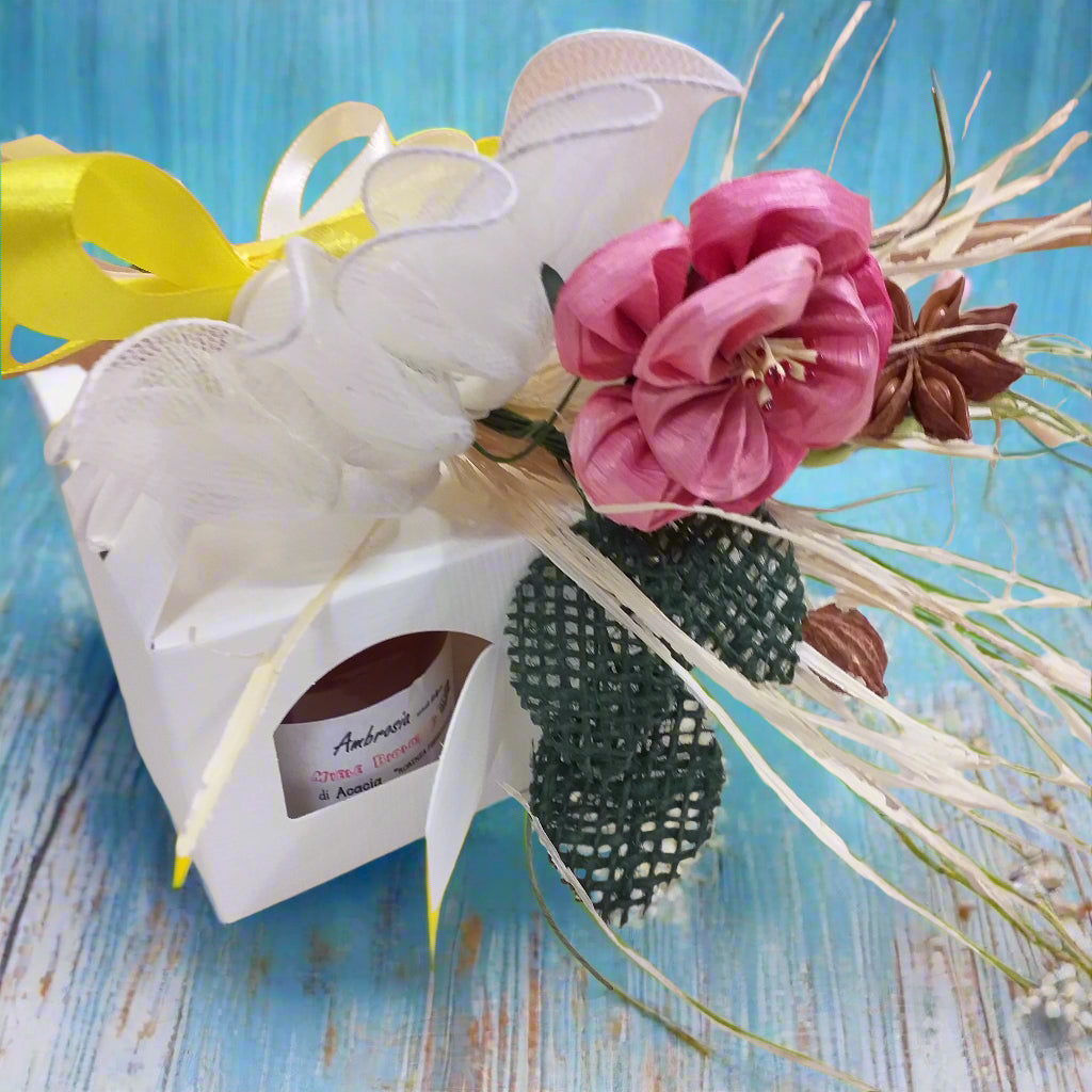 mazzolino bouquet con foglie tulle portaconfetti per addobbi pasquali scatole portavasetti scatoline porta barattoli vetro ceramica metallo per confezionare miele marmellata confetture creme alimentari enogastronomia erboristeria enoteca regalo bomboniere pasquali matrimonio comunione